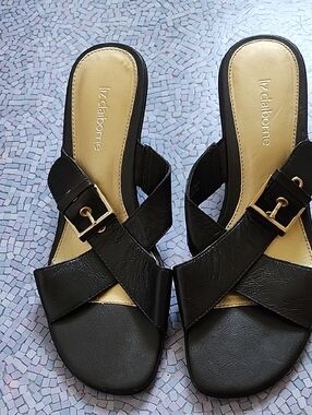 Liz Claiborne Black Slide Mules with Gold Buckle Accent